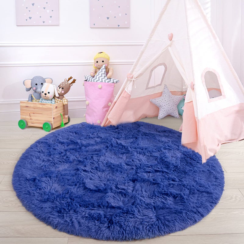 junovo Rug 4x4 Feet, Light Navy, Fluffy Soft Area Rugs for Kids Girls Room Princess Castle Plush Shaggy Carpet, Circular Home Decor - Image 3
